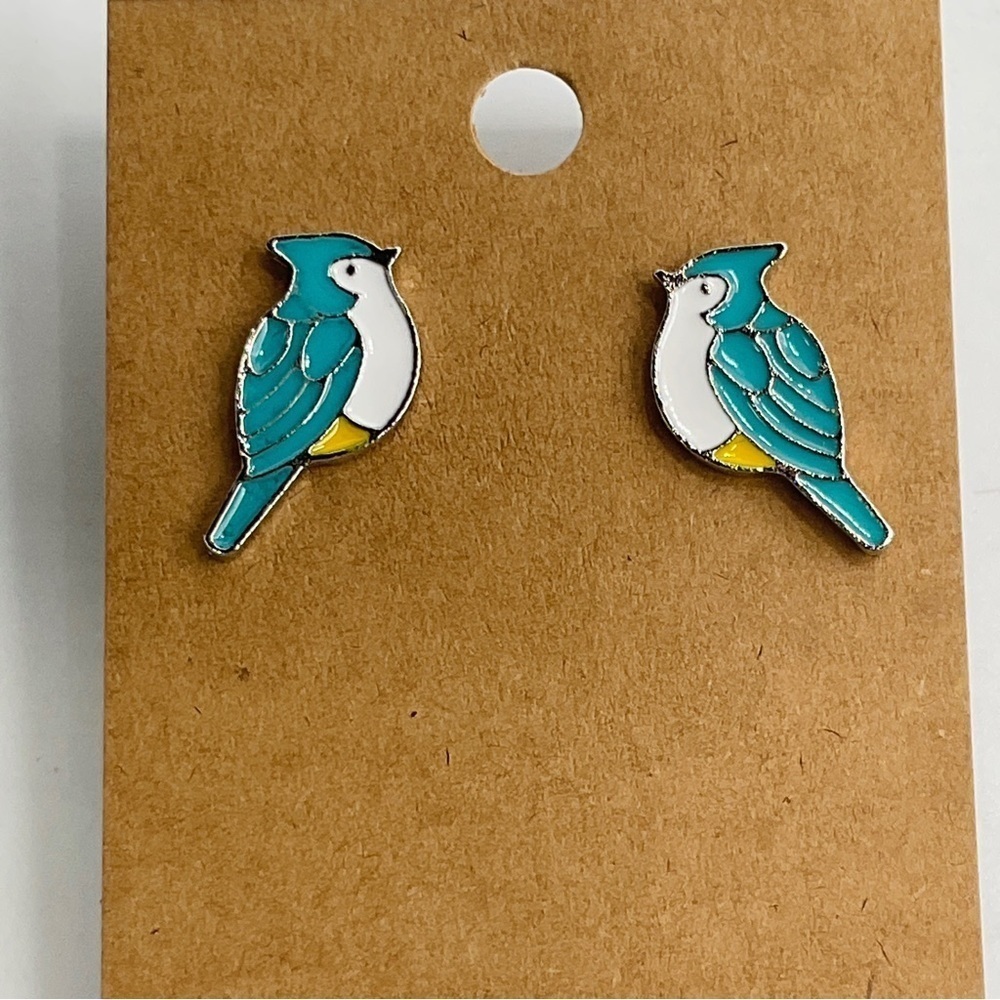Bird Stud Earrings Silver Tone Cute Enamel Blue Yellow Gift Mother’s Day Teen